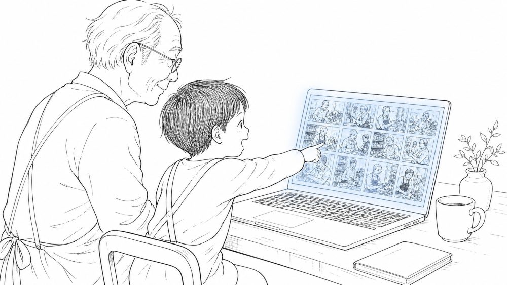 10年後、20年後に残る「生きた証」。積み重なった密着動画のアーカイブを、歳を重ねた本人と、幼い子ども(次の世代)が並んで見ている情景。「こんな人だったんだ」と、働いてきた姿がそのまま伝わる。