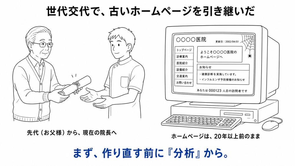 世代交代で、古いホームページを引き継いだ。先代(お父様)から現在の院長へ。ホームページは20年以上前のまま(更新日2002年の古い作り)。まず、作り直す前に「分析」から。