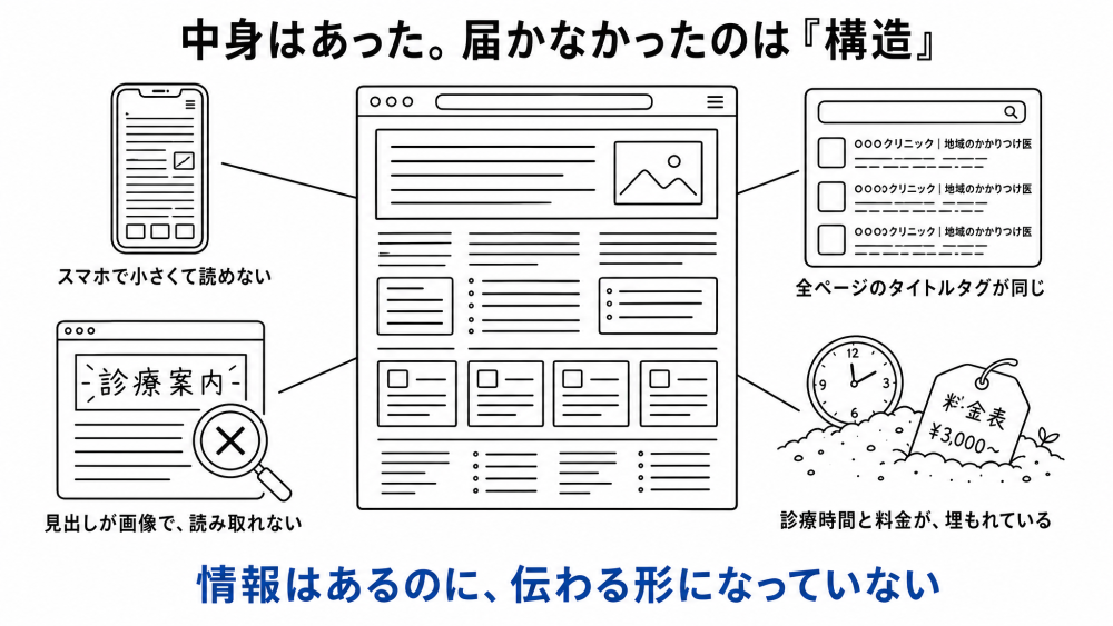 中身はあった。届かなかったのは「構造」。中身の詰まったホームページを中心に、スマホで小さくて読めない/全ページのタイトルタグが同じで検索エンジンが区別できない/見出しが画像で読み取れない/診療時間と料金が埋もれている、の4つの問題。情報はあるのに、伝わる形になっていない。
