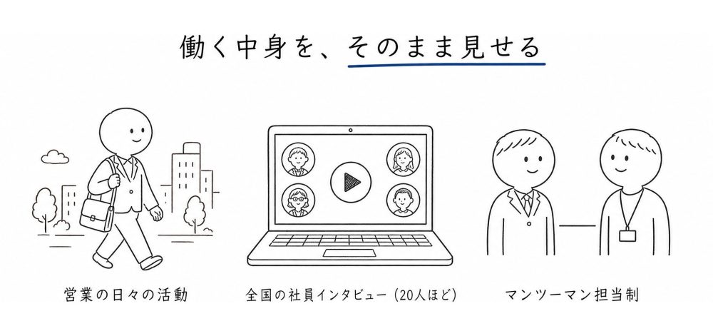 飾った会社紹介ではなく、働く中身をそのまま見せる。①営業社員の日々の営業活動 ②全国で働く社員さん、これまで20人ほどのインタビュー（働き方・入社理由・転職理由） ③社員1人に営業1人のマンツーマン担当制だから、担当営業の人柄まで動画で先に見えるようにした。