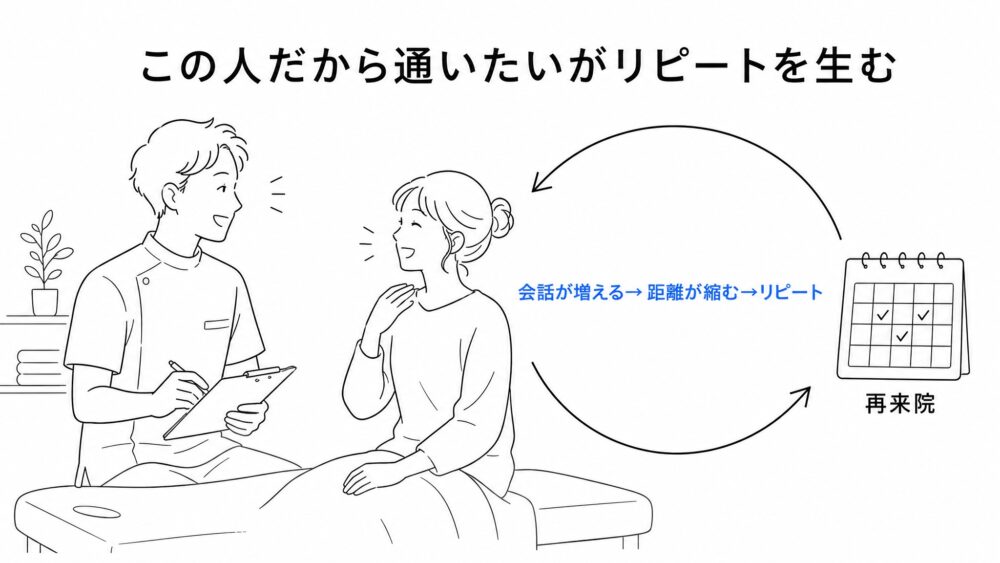 「この人だから通いたい」がリピートを生む。院長と患者さんが和やかに会話し、会話が増える→距離が縮む→リピート(再来院)へ。