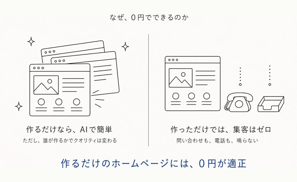 なぜ、0円でできるのか。理由1=作るだけなら、AIで簡単(ただし、誰が作るかでクオリティは変わる)。理由2=作っただけでは、集客はゼロ(問い合わせも、電話も、鳴らない)。だから、作るだけのホームページには、0円が適正。