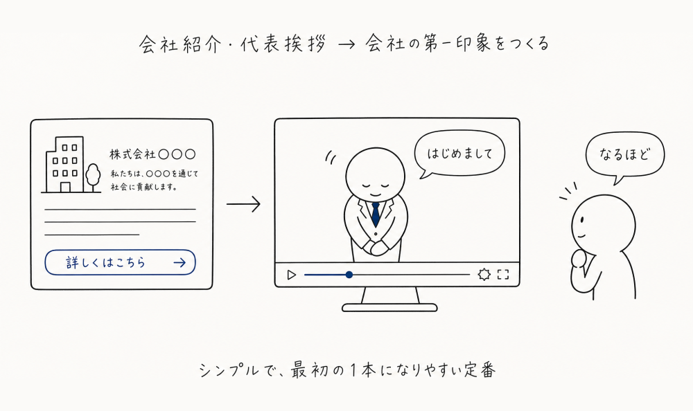 会社紹介・代表挨拶は会社の第一印象をつくる。代表が短い動画で挨拶し、初対面の相手が数十秒で会社をつかむ。