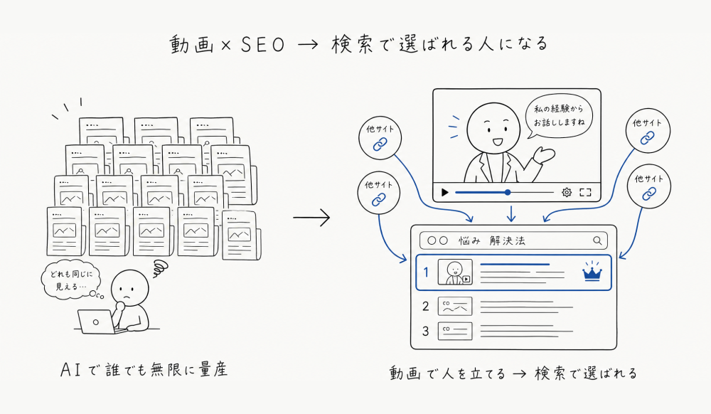 動画×SEOは検索で選ばれる人になる。AIで記事が量産される中、誰が言っているか(権威性)を動画で立てると検索で選ばれる。