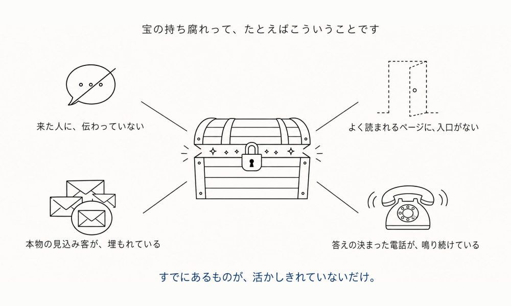 宝の持ち腐れって、たとえばこういうことです。鍵のかかった宝箱から光がもれている。周囲に4つ——来た人に、伝わっていない/よく読まれるページに、入口がない/本物の見込み客が、埋もれている/答えの決まった電話が、鳴り続けている。すでにあるものが、活かしきれていないだけ。