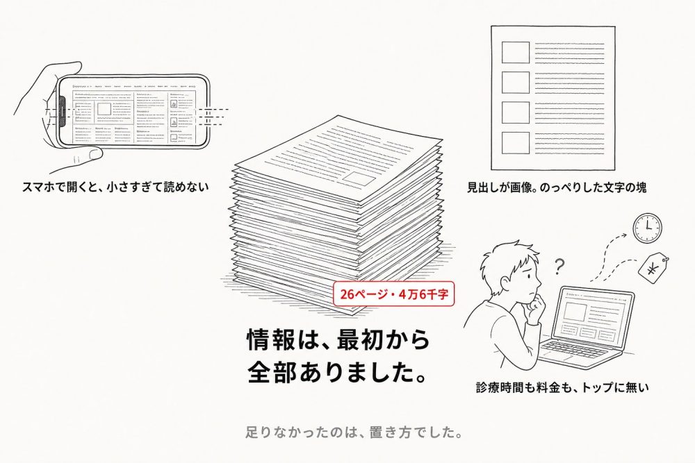 情報は、最初から全部ありました。26ページ・4万6千字ぶんの紙束。それでも、スマホで開くと小さすぎて読めない/見出しが画像で、のっぺりした文字の塊/診療時間も料金も、トップに無い。足りなかったのは、置き方でした。