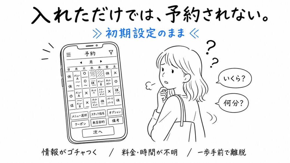 “入れた”だけでは、予約されない。エアリザーブの初期設定のままのカレンダー予約画面は情報がゴチャついて読みにくく、お客さまが「いくら?」「何分?」と迷い、予約の一歩手前で離脱してしまう。